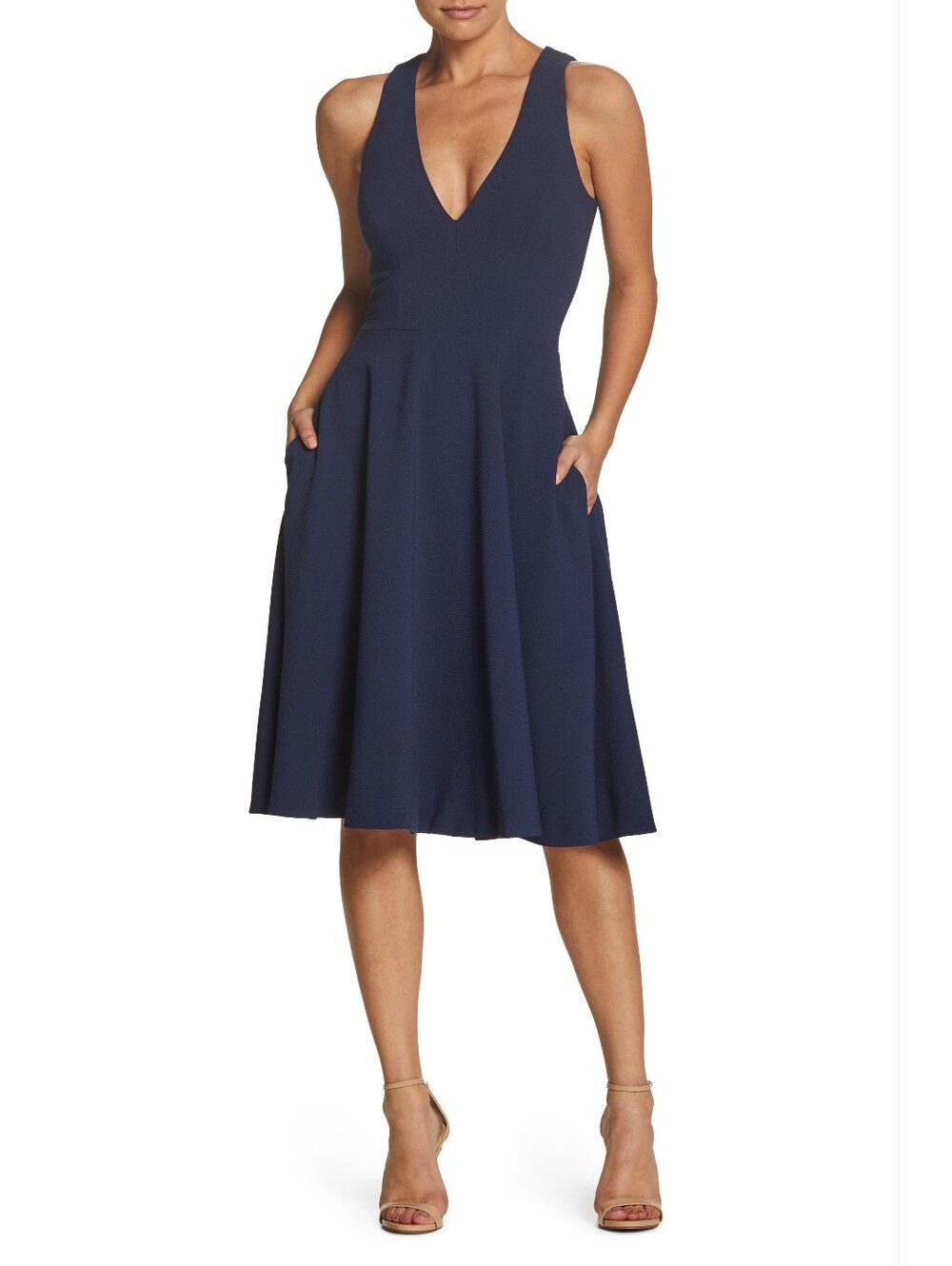 Dress The Population Midnight Blue V-Neck Fit & Flare Sleeveless Midi Dress
